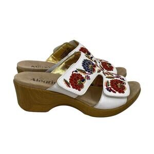 Alegria Linn Sandals White Leather Embroidered Floral Wedge Size 39 US 9
